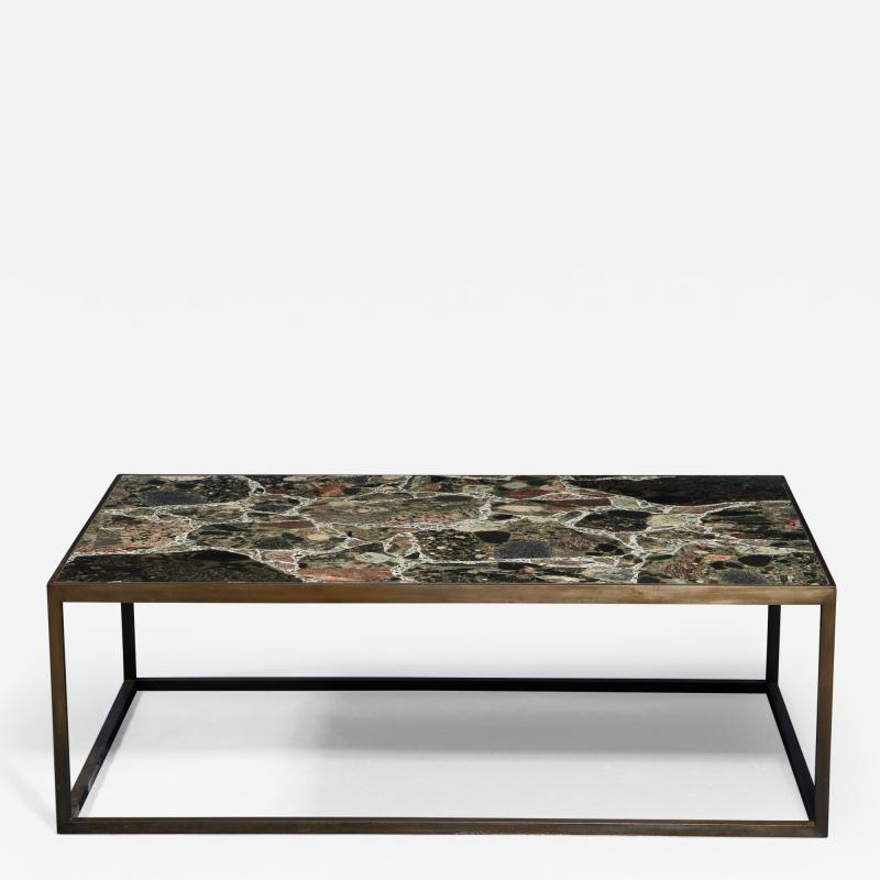 A Terrazzo Stone Coffee Table Supported on Handmade Steel Base
