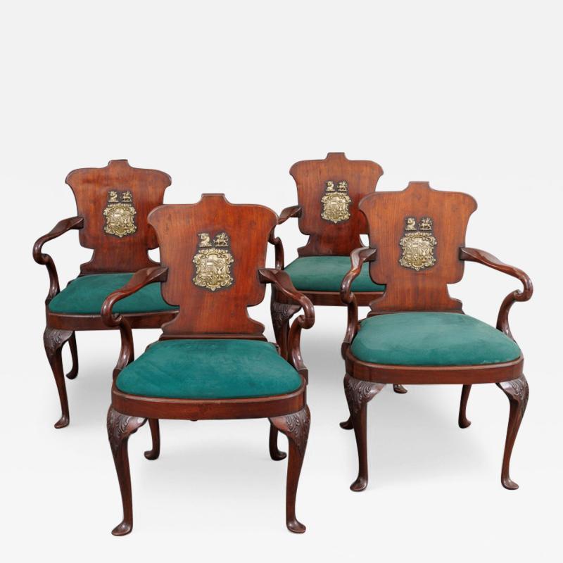 A Very Fine Set of 4 Mahogany Armchairs with Bronze Armorial Plaques