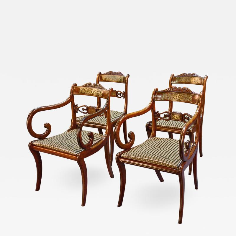 A Very Rare Long Set of 16 George III Brass Inlaid Rosewood Dining Chairs