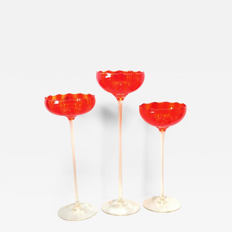 A Vibrant Set of 3 Murano Orange Glass Compotes on Clear Glass Stems