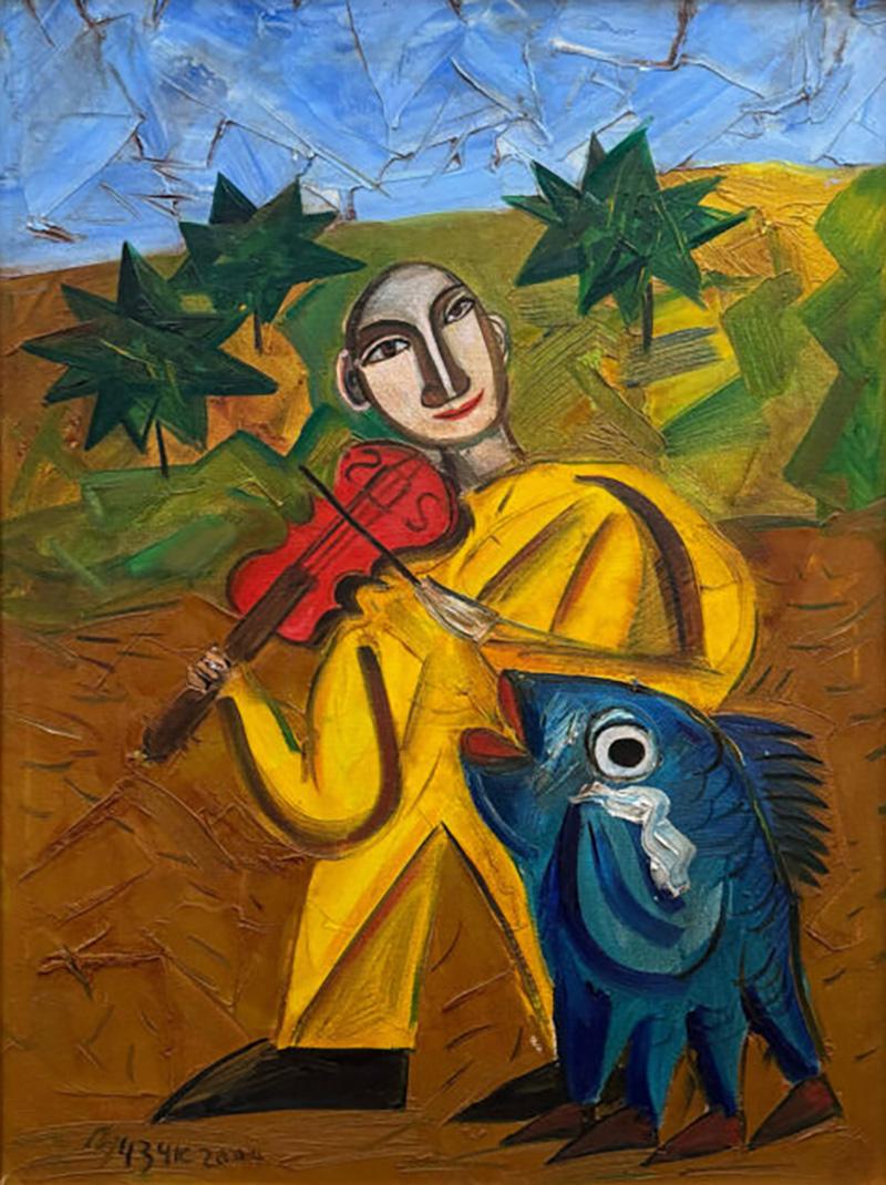 A Vibrant and colorful Oil in Canvas depicting a musician