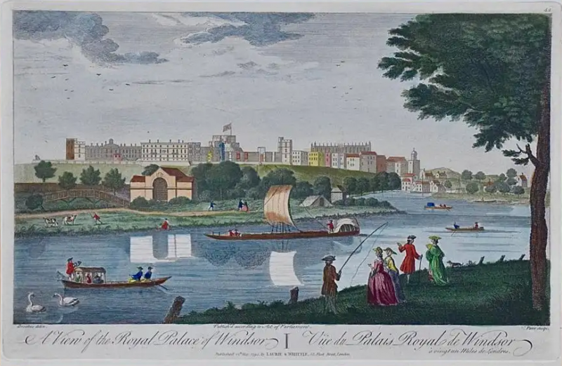 A View of the Royal Palace of Windsor An 18th Century Hand colored Engraving