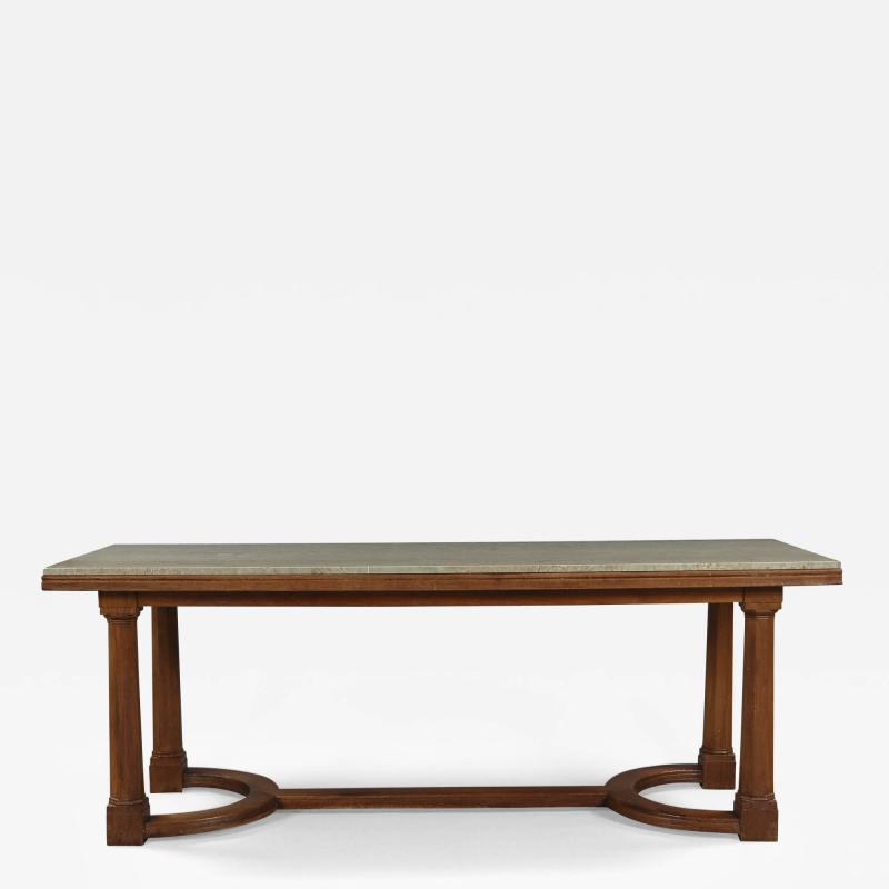 A Walnut Center Or Dining Table With Marble Top In The Manner Of Lutyens