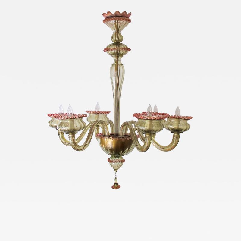 A chic Murano olive green glass 6 light chandelier with pink embellishments
