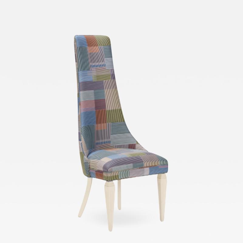 A contemporary tall back side chair covered in Paul Smith fabric 