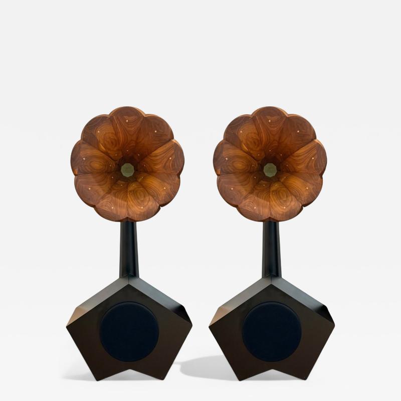 A for Ara Contemporary Walnut Gold Leaf Floor Standing Speakers USA 21st C