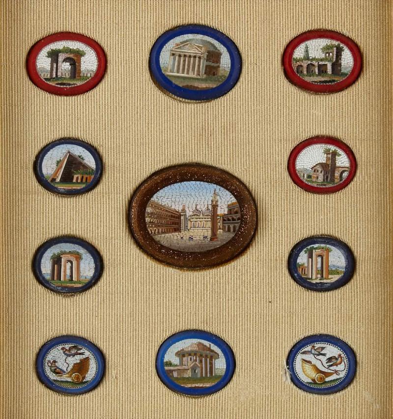 A framed set of eleven micromosaic plaques of Italian monuments