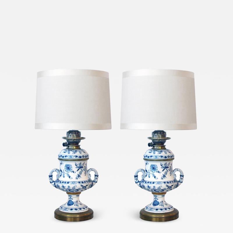 A good pair of Meissen Blue Onion pattern oil lamps now electrified