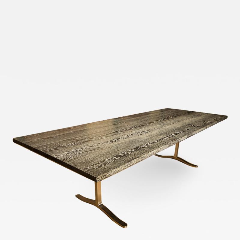 A large cerused oak and stainless steel conference room console table 