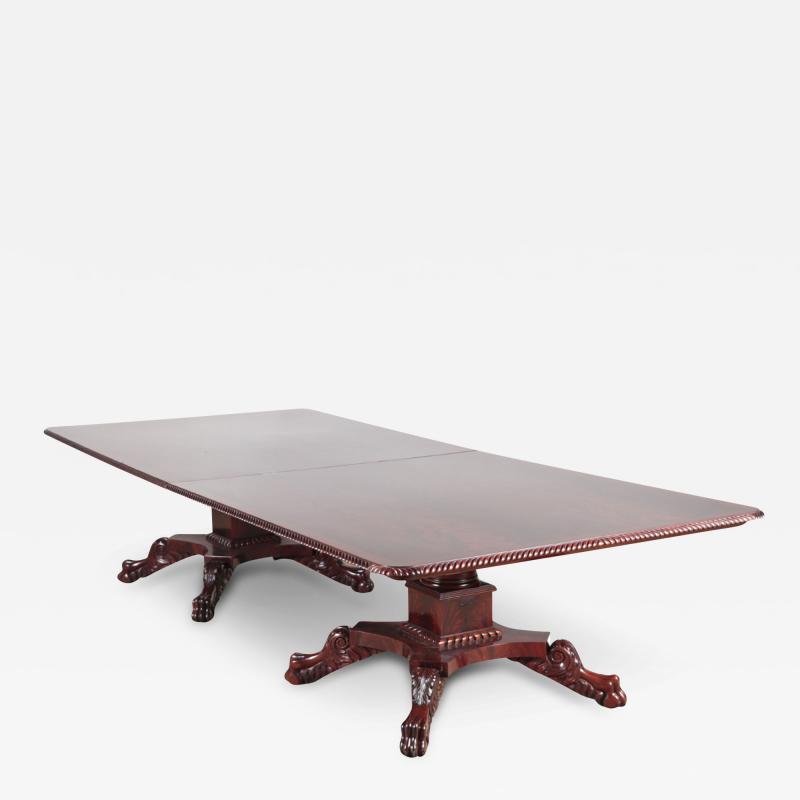 A large crotch mahogany double pedestal console dining room table C 1950 