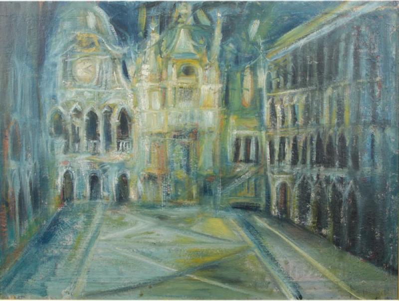 A large oil on masonite painting depicting a city view painting 