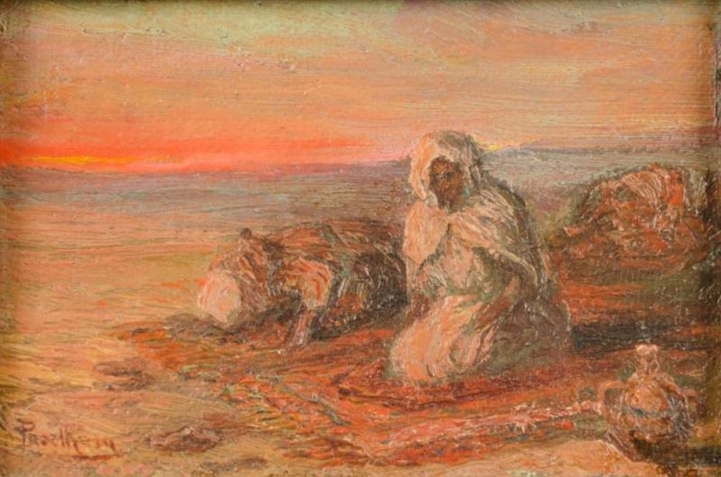 A oil on board painting of Bedouin men on beach in sunset signed indistinctly 