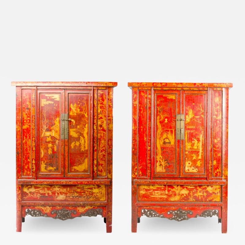 A pair of 19th century Chinese wardrobe chinoiserie lacquered red