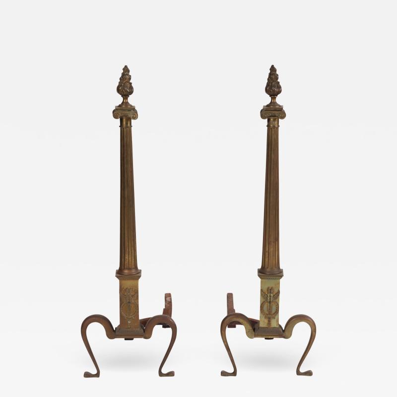 A pair of 20th Century Neoclassical Brass Andirons with Flame Finials