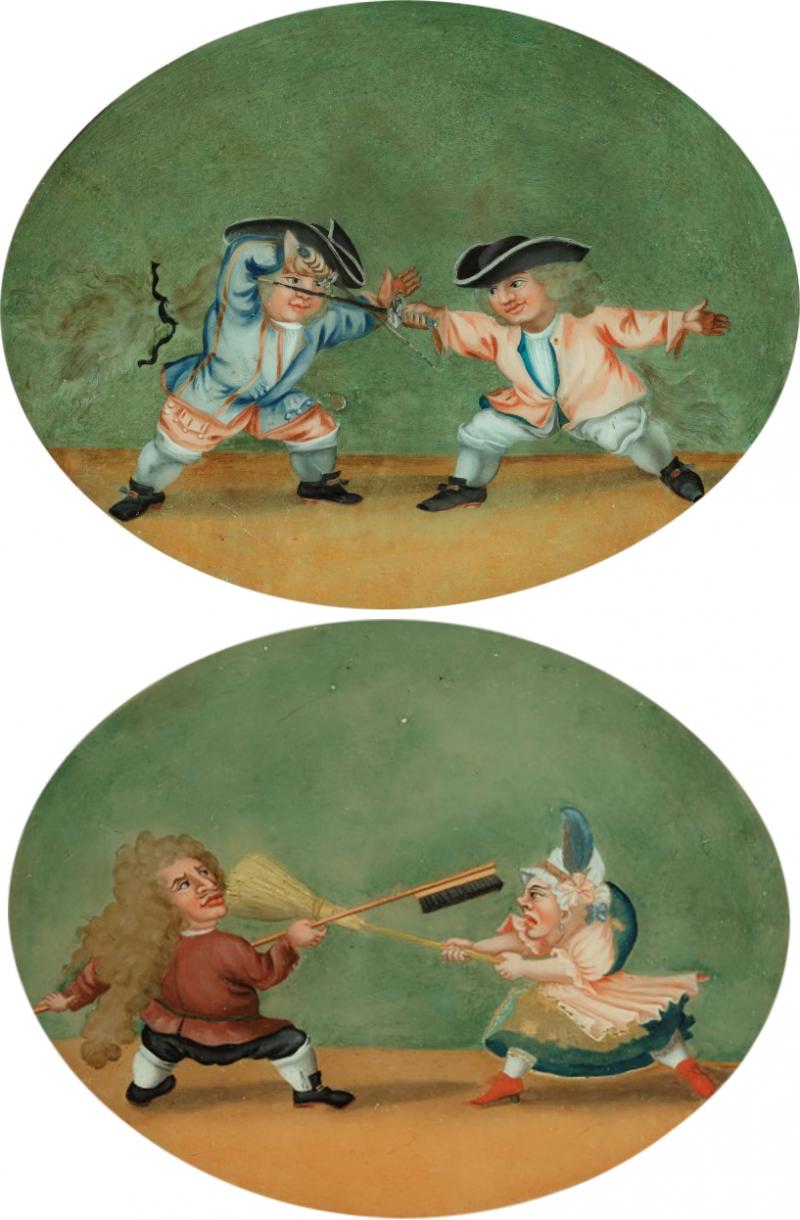 A pair of French reverse glass paintings or cartoons