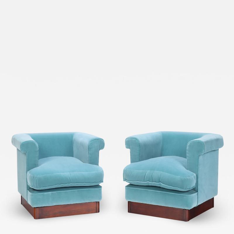 A pair of Italian blue velvet upholstered cube club chairs C 1970 