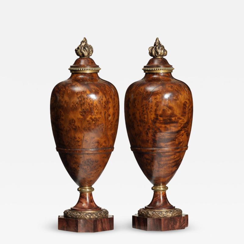 A pair of Napoleon III Moroccan burr thoya wood urns