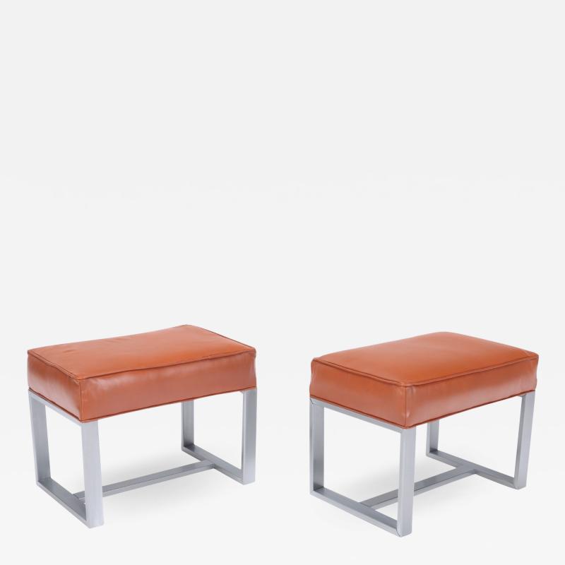 A pair of chrome and leather covered benches or small stools Contemporary