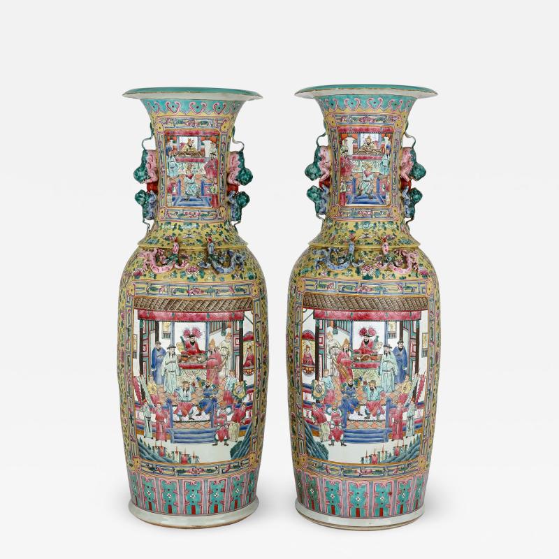 A pair of large Canton style famille jaune porcelain vases