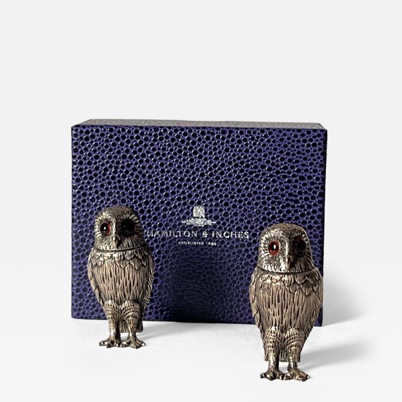 A pair of sterling salt and pepper owl castors with stone eyes