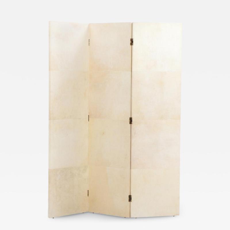 A parchment covered three panel folding screen Contemporary 