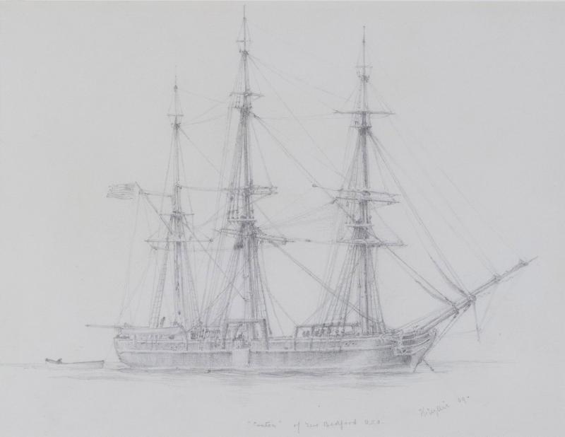 A pencil drawing of Canton a three masted whaling ship by Harold Wylie