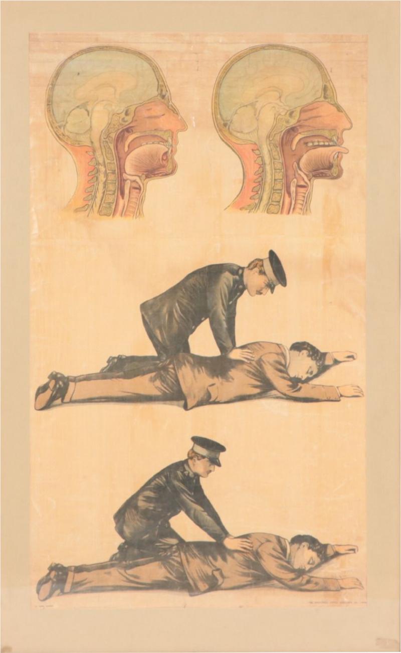 A rare framed antique English First Aid poster circa 1900 