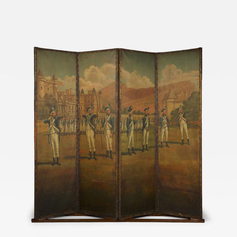 A rare painted leather screen Depicting the Royal Company of Archers