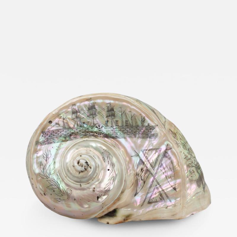 A scrimshaw turban shell carved with the Leviathan