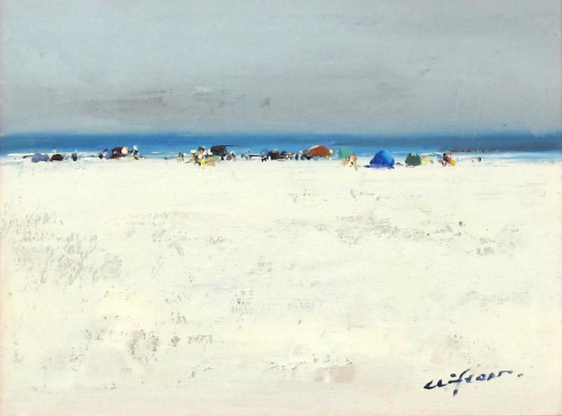 A serene impressionist beach scene painting signed Clifton