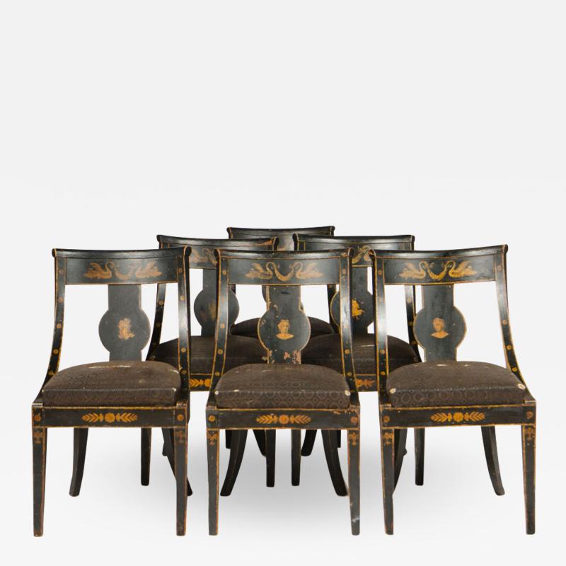 A set of six slip seat gondola chairs with decorated paint French circa 1810