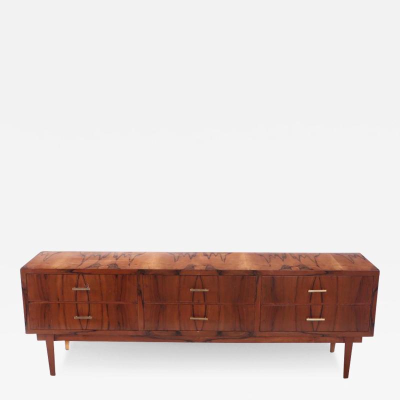 A walnut six drawer dresser circa 1960 with exotic wood grain 