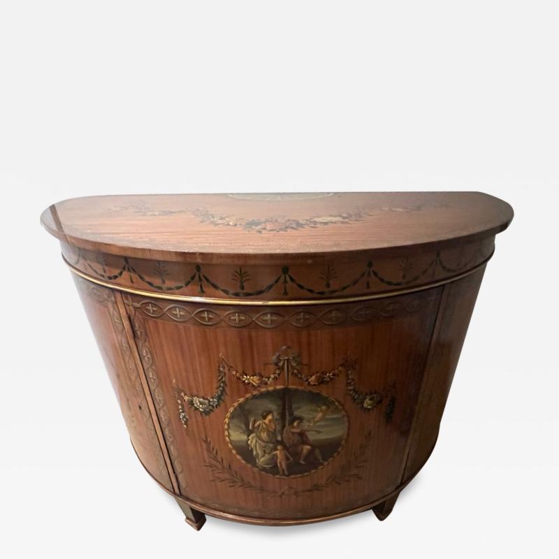 ADAMS ENGLISH SATINWOOD BEAUTIFULLY PAINTED DEMILUNE COMMODE