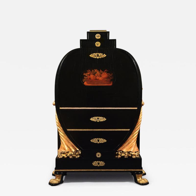 AN EBONIZED GILTWOOD AND GILT BRONZE MOUNTED SECRETAIRE OF RARE OVOID FORM