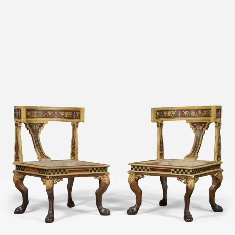 AN UNUSUAL AND LARGE PAIR OF ETRUSCAN PAINTED KLISMOS INSPIRED CHAIRS