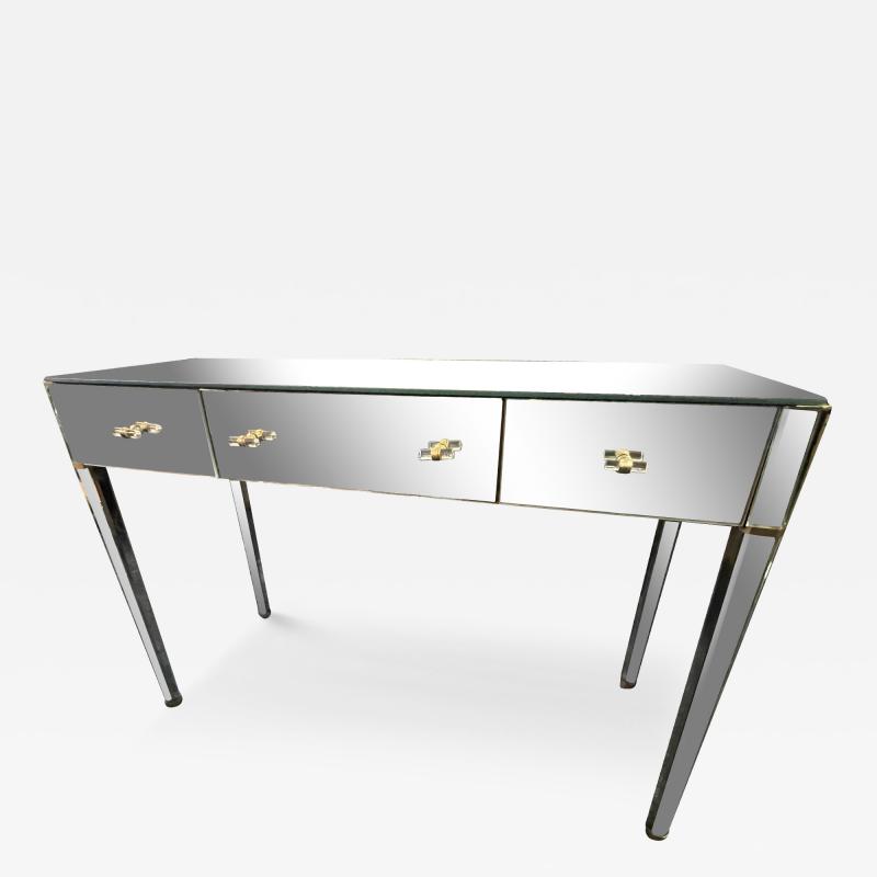 ANDRE MARCHAND ART DECO MIRRORED DESK WITH BRASS AND GLASS ROD HANDLES BY ANDRE MARCHAND