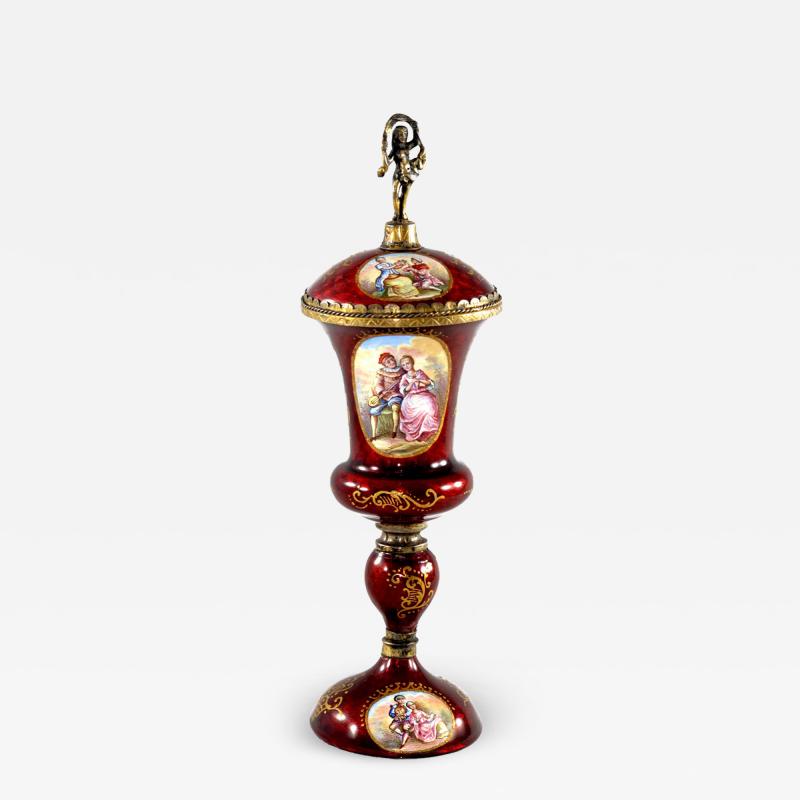 ANTIQUE AUSTRIAN GILDED VIENNESE ENAMEL VASE LIDDED URN C 1880