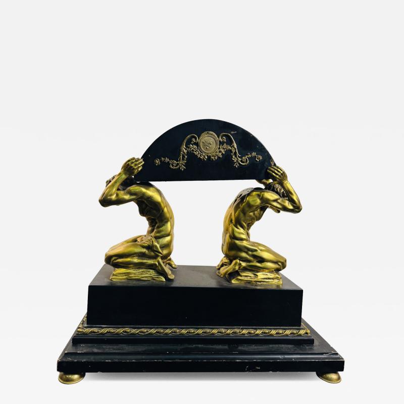 ANTIQUE BRONZE EBONIZED WOOD DRAPED KNEELING NUDE MEN SCULPTURE