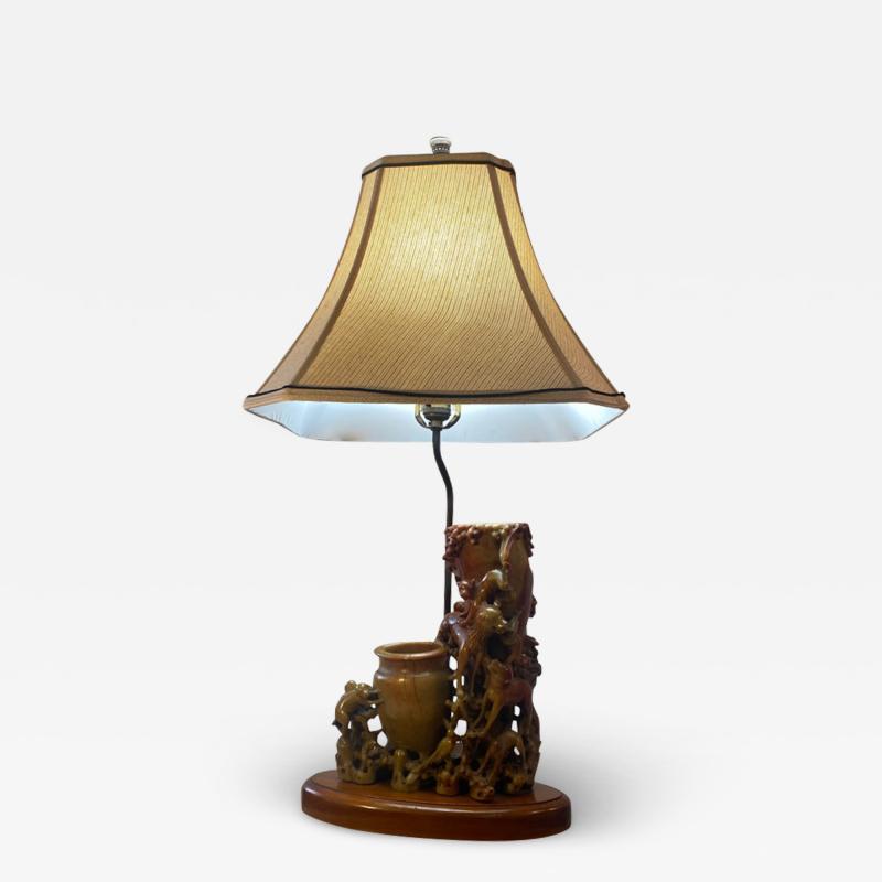 ANTIQUE CHINESE CARVED SOAPSTONE ANIMALS WITH URNS LAMP