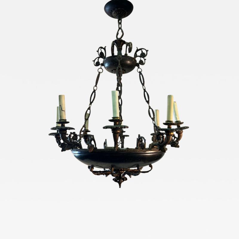 ANTIQUE DARK BRONZE BEADED BOWL EIGHT ARM CHANDELIER