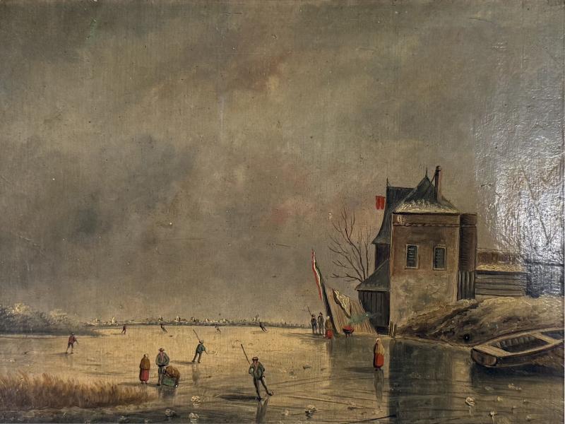 ANTIQUE EUROPEAN ICE SKATERS ON FROZEN LAKE LANDSCAPE PAINTING