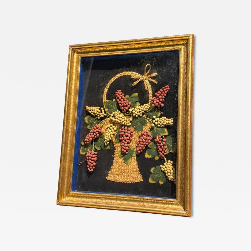 ANTIQUE FELT RAFFIA BASKET OF GRAPES IN BASKET THEOREM IN GOLD FRAME