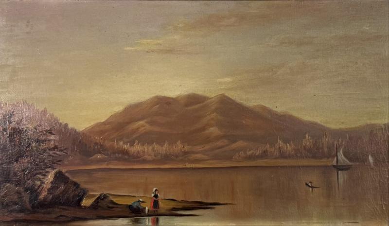 ANTIQUE LAKE VISTA MOUNTAIN LANDSCAPE PAINTING IN ORIGINAL FRAME