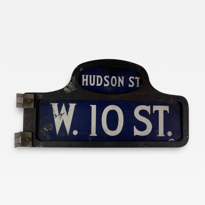 ANTIQUE NYC HUDSON STREET WEST 10TH STREET ENAMEL SIGN