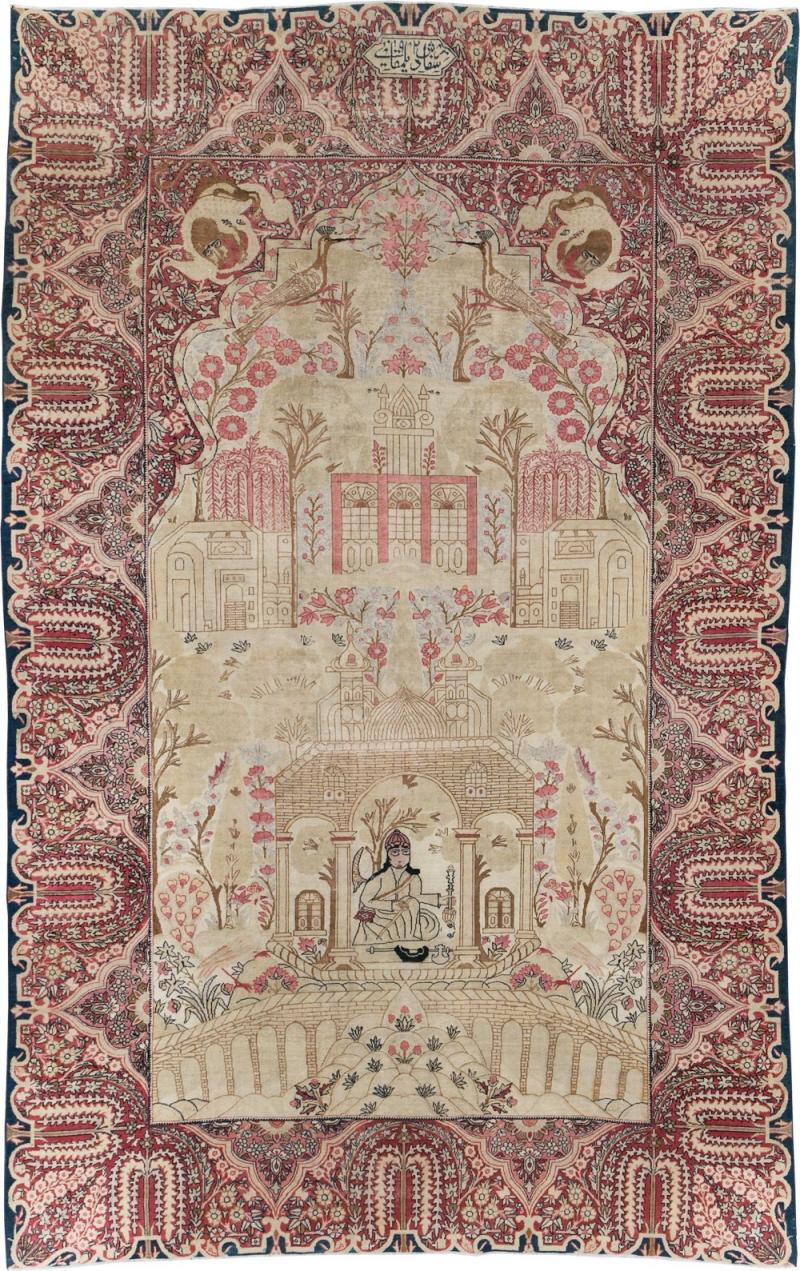 ANTIQUE PERSIAN LAVAR KERMAN PICTORIAL ACCENT CARPET