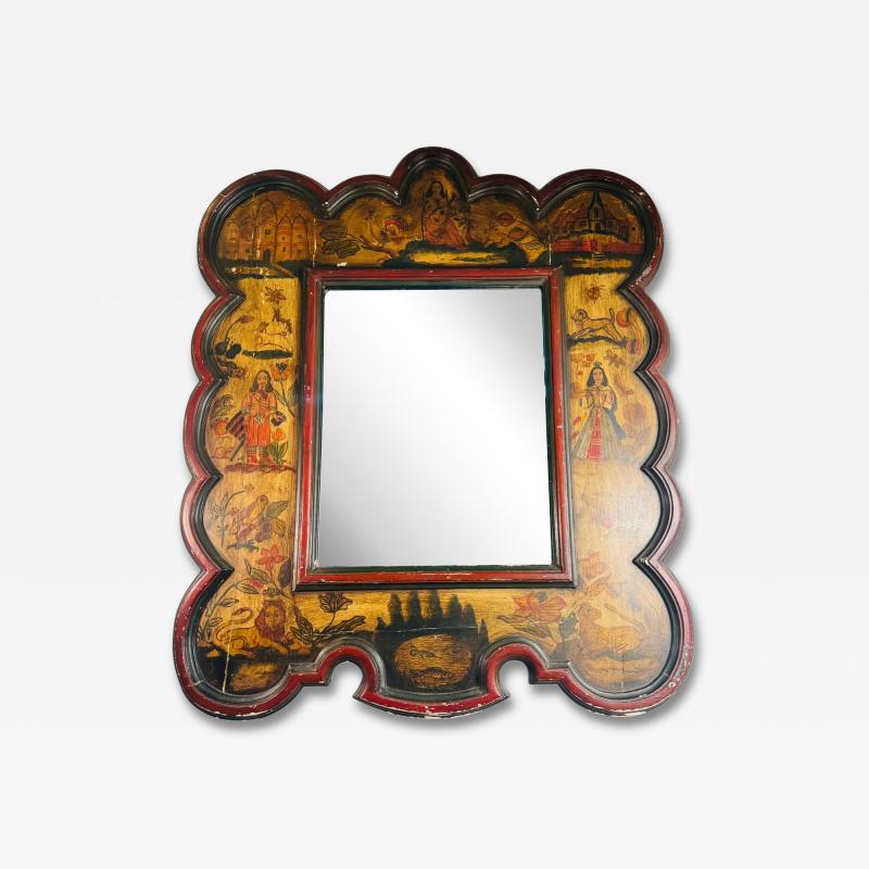 ANTIQUE RARE EARLY EUROPEAN HANDPAINTED WOOD CHARMING SCENIC FRAMED MIRROR