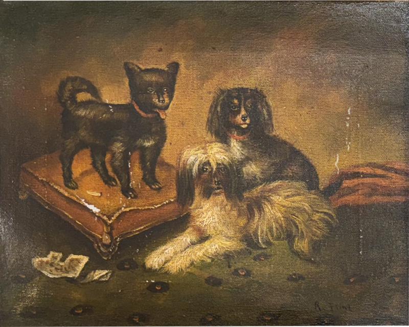 ANTIQUE THREE DOGS ON FOOTSTOOL RUG OIL PAINTING IN ORIGINAL FRAME