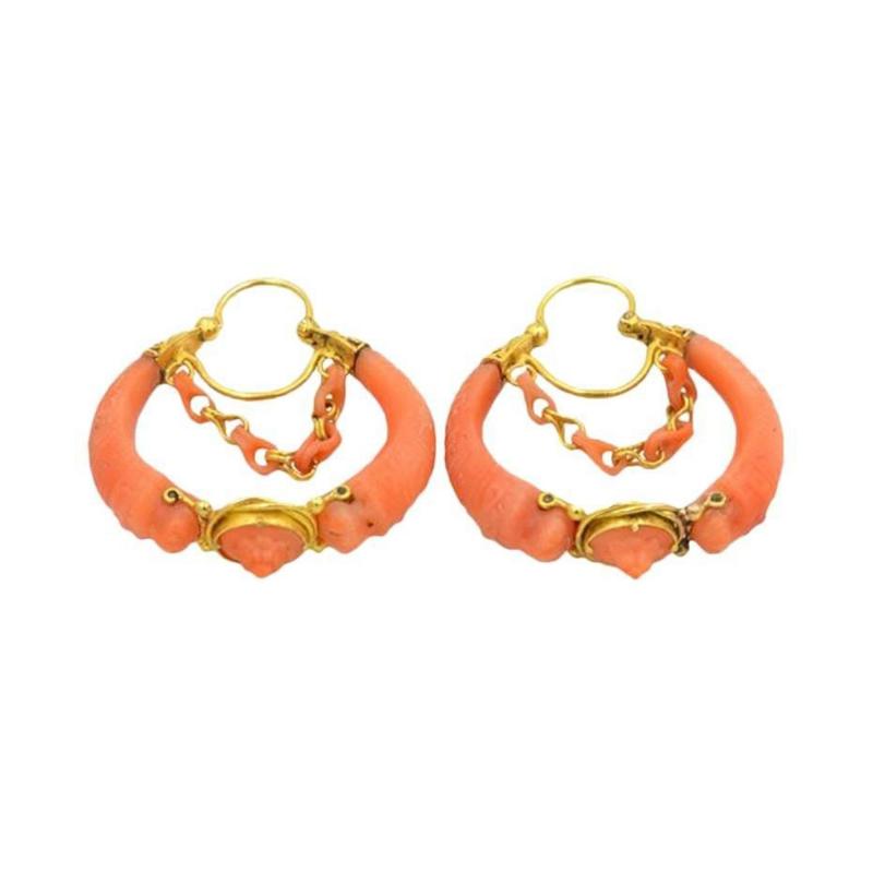 ANTIQUE VICTORIAN 18K GOLD AND CARVED CORAL HOOP EARRINGS