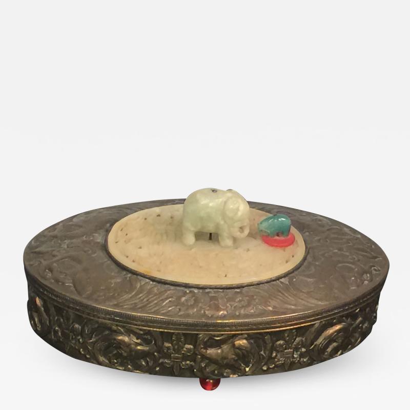 ART DECO BRASS REPOUSSE JADE ELEPHANT OVAL VANITY BOX