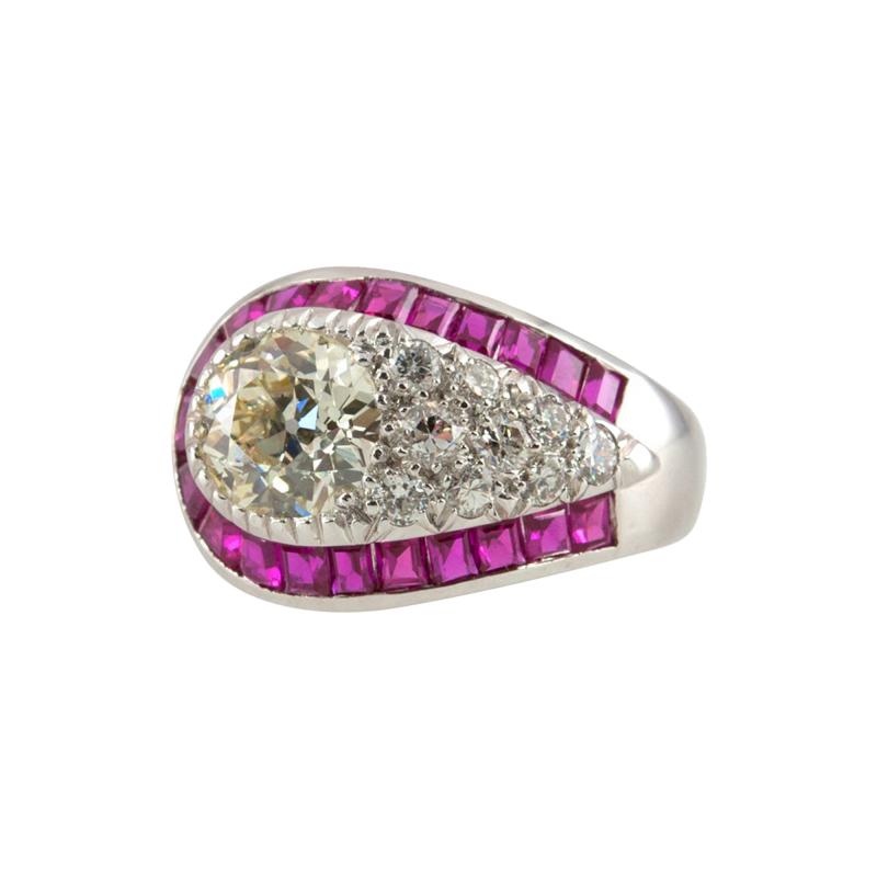 ART DECO DIAMOND AND RUBY CLUSTER PLATINUM RING